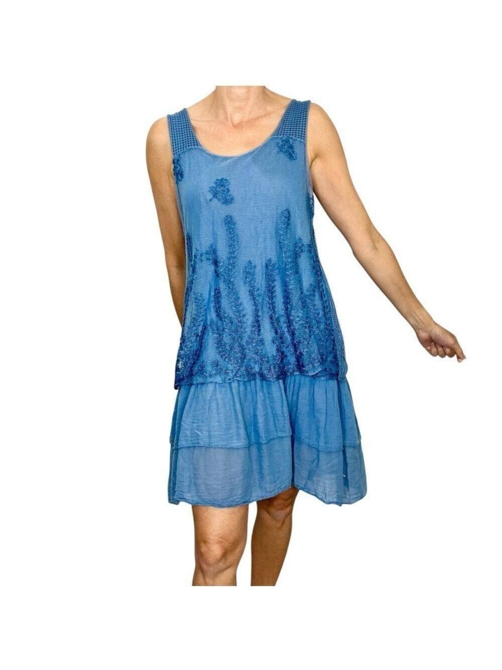 Made in Italy blue tiered mesh overlay embroidered knee length sleeveless dress
